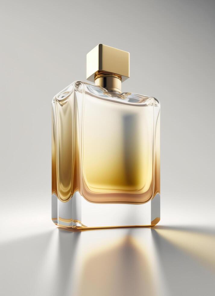 een hoog klasse fles van glas parfum met geel vloeistof. aromatisch parfum flessen Aan wit achtergrond. voor schoonheid Product, kunstmatig, parfum dag, geur dag of parfum lancering evenement door ai gegenereerd foto