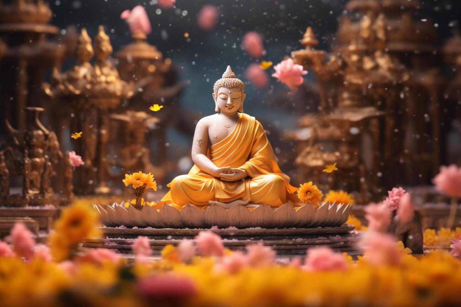 een Boeddha zit in een tuin met een lotus en kaarsen. achtergrond voor vesak festival viering. vesak dag concept. vesak viering dag groeten door ai gegenereerd foto