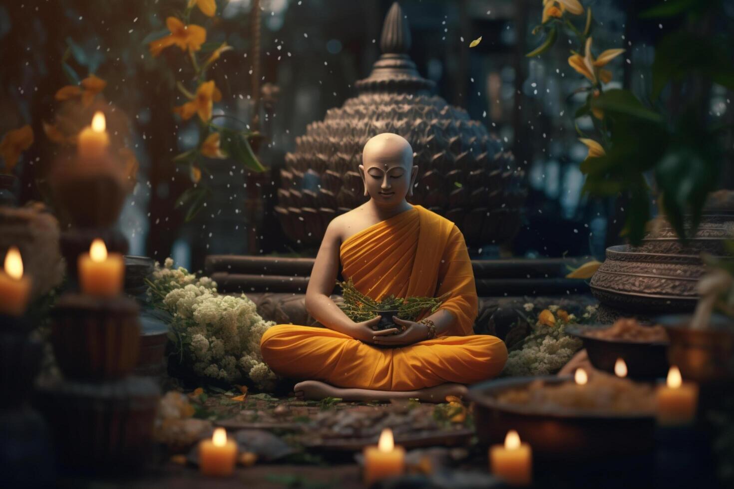 een Boeddha zit in een tuin met een lotus en kaarsen. achtergrond voor vesak festival viering. vesak dag concept. vesak viering dag groeten door ai gegenereerd foto