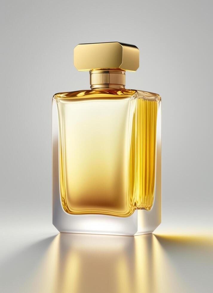 een hoog klasse fles van glas parfum met geel vloeistof. aromatisch parfum flessen Aan wit achtergrond. voor schoonheid Product, kunstmatig, parfum dag, geur dag of parfum lancering evenement door ai gegenereerd foto