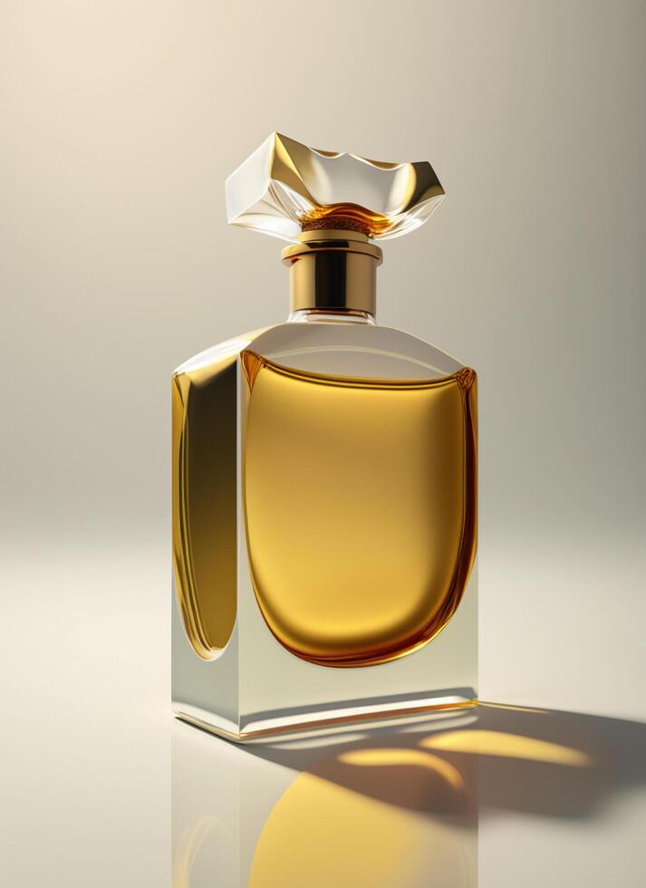 een hoog klasse fles van glas parfum met geel vloeistof. aromatisch parfum flessen Aan wit achtergrond. voor schoonheid Product, kunstmatig, parfum dag, geur dag of parfum lancering evenement door ai gegenereerd foto