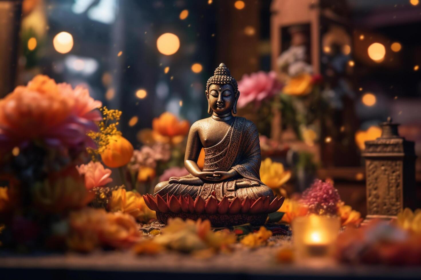 een Boeddha zit in een tuin met een lotus en kaarsen. achtergrond voor vesak festival viering. vesak dag concept. vesak viering dag groeten door ai gegenereerd foto