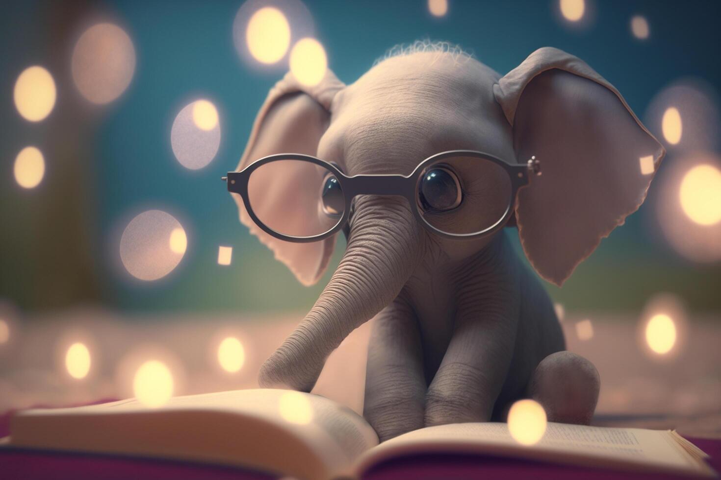 de boekenwurm olifant een schattig weinig olifant lezing een boek met bril ai gegenereerd foto