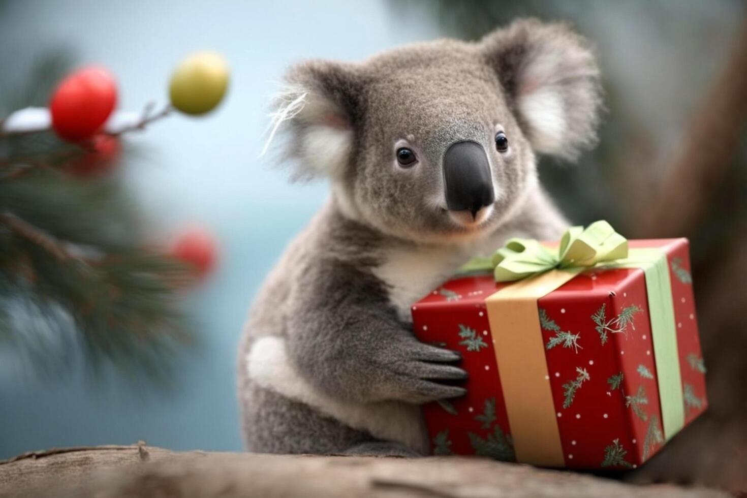 koala zit tussen Kerstmis presenteert Aan Kerstmis vooravond ai gegenereerd inhoud foto