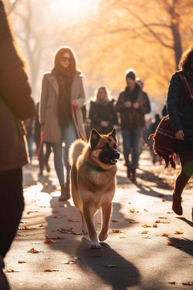 een zonnig dag wandeling in de park met man's het beste vriend ai gegenereerd foto