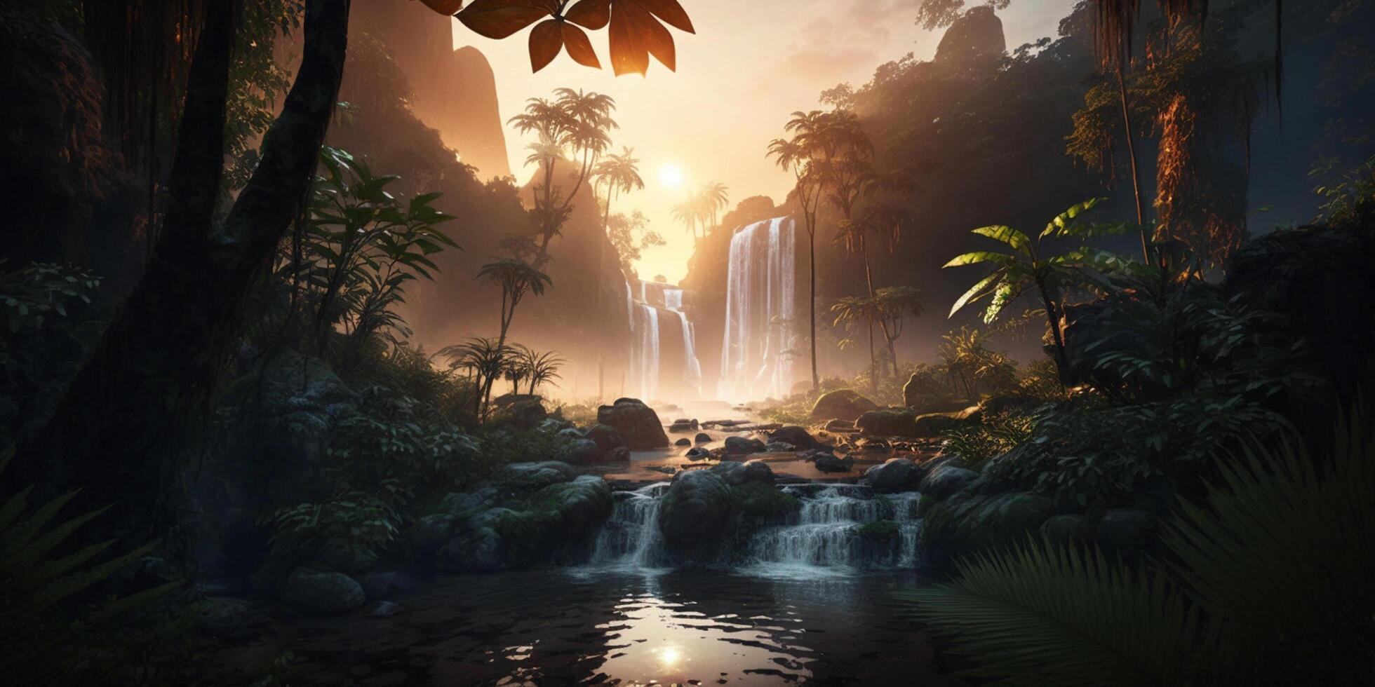 illustratie van een tropisch waterval in de regenwoud Bij zonsondergang ai gegenereerd inhoud foto