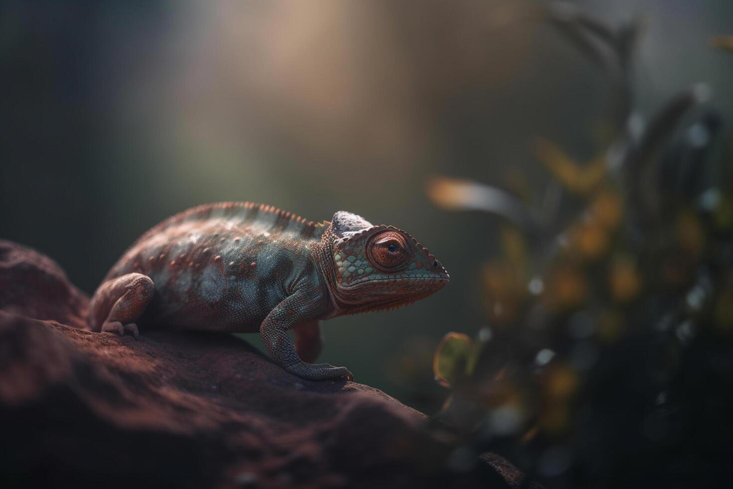 kameleon mengen in rotsachtig oerwoud landschap ai gegenereerd foto