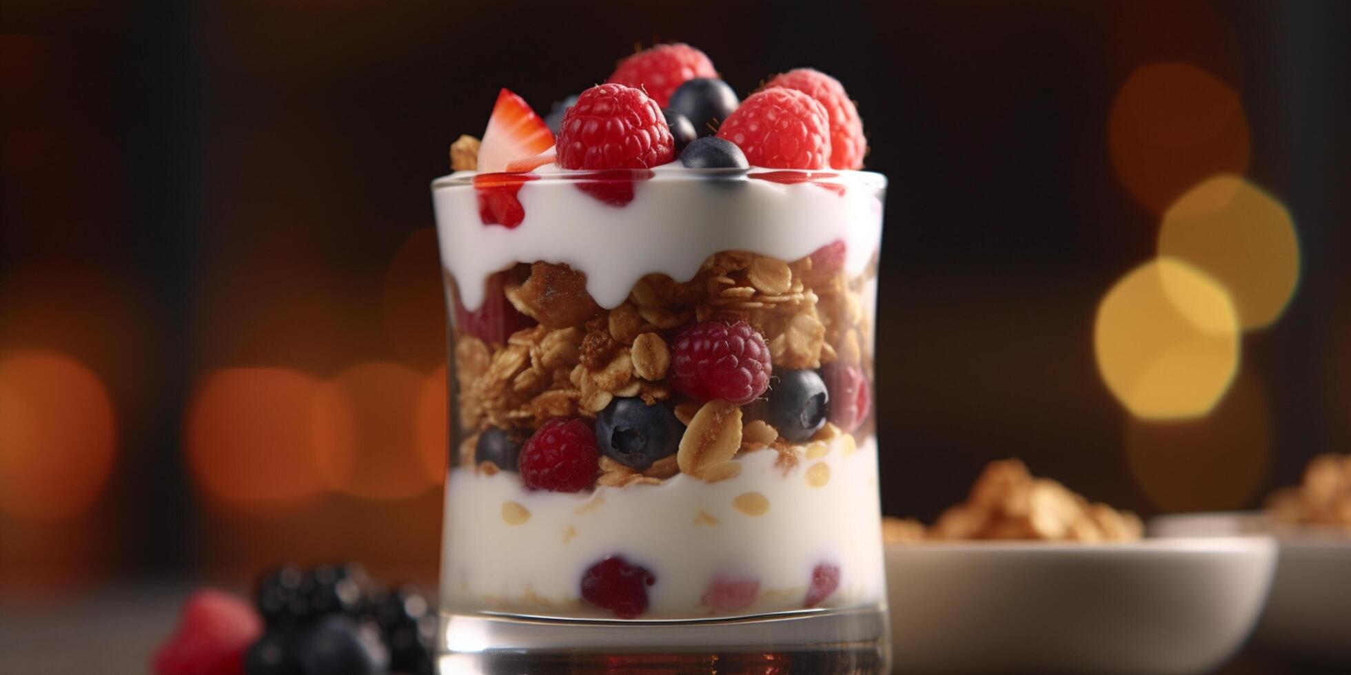 gelaagde BES yoghurt parfait met muesli ai gegenereerd foto