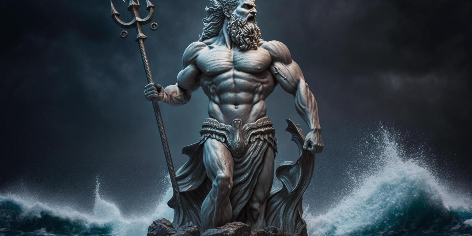 Poseidon, god van de zee, zwaaiende zijn drietand ai gegenereerd foto