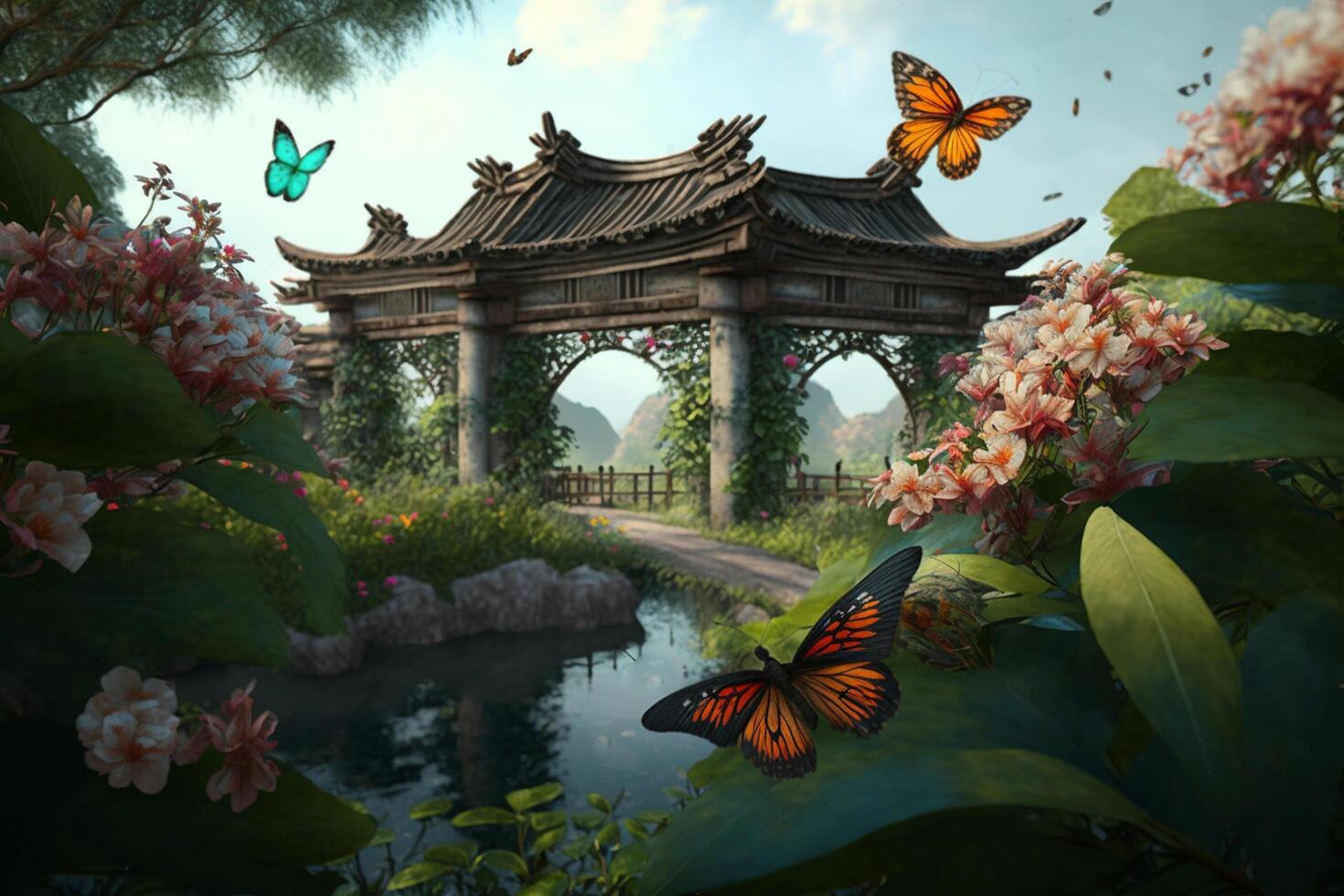 betoverd Chinese tuin met vlinder brug, water en bloemen, sprookjesachtig ai gegenereerd foto