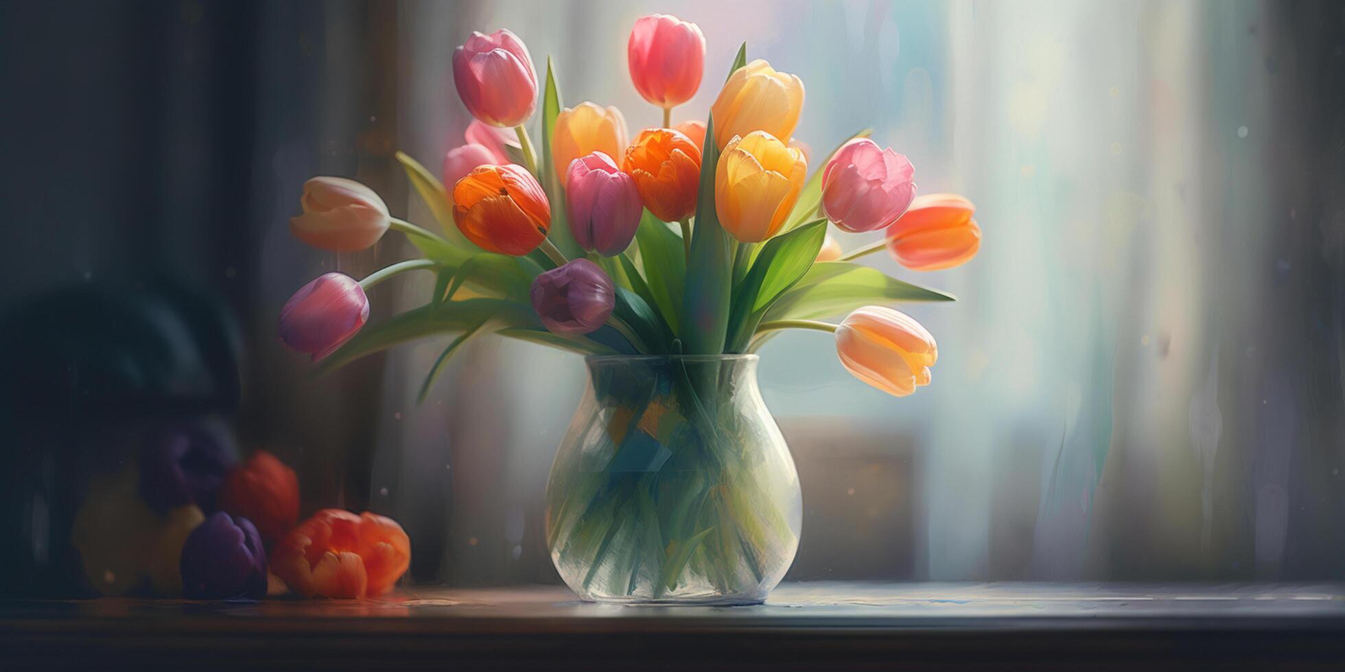 vaas van tulpen een waterverf nog steeds leven schilderij ai gegenereerd foto