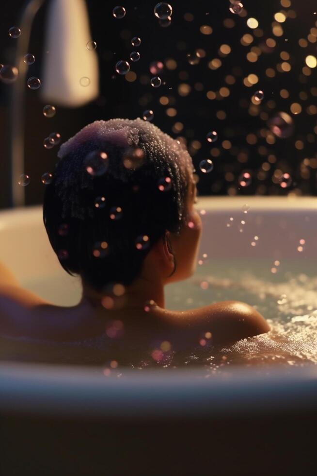 zalig genieten vrouw ontspannende in een bubbel bad met drijvend zeep bubbels ai gegenereerd foto