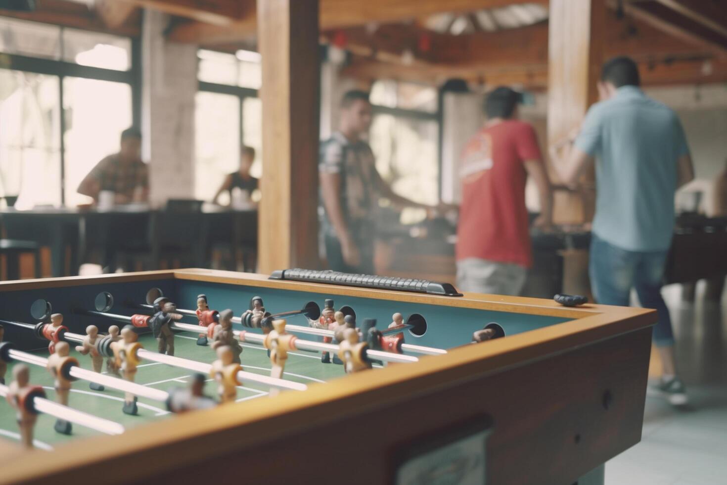 pret en spellen vrije tijd Oppervlakte in een herberg met tafelvoetbal en helder ruimten ai gegenereerd foto