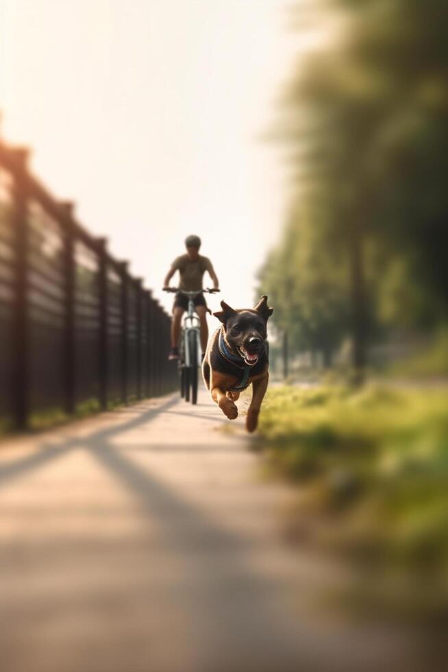 hoektand joyride hond rennen naast eigenaar Aan fiets pad in stad ai gegenereerd foto