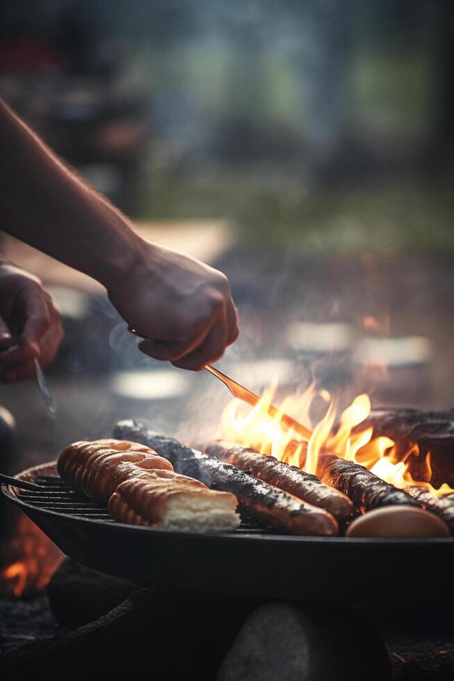 sissend heet detailopname van Open vlam bbq Bij camping plaats ai gegenereerd foto