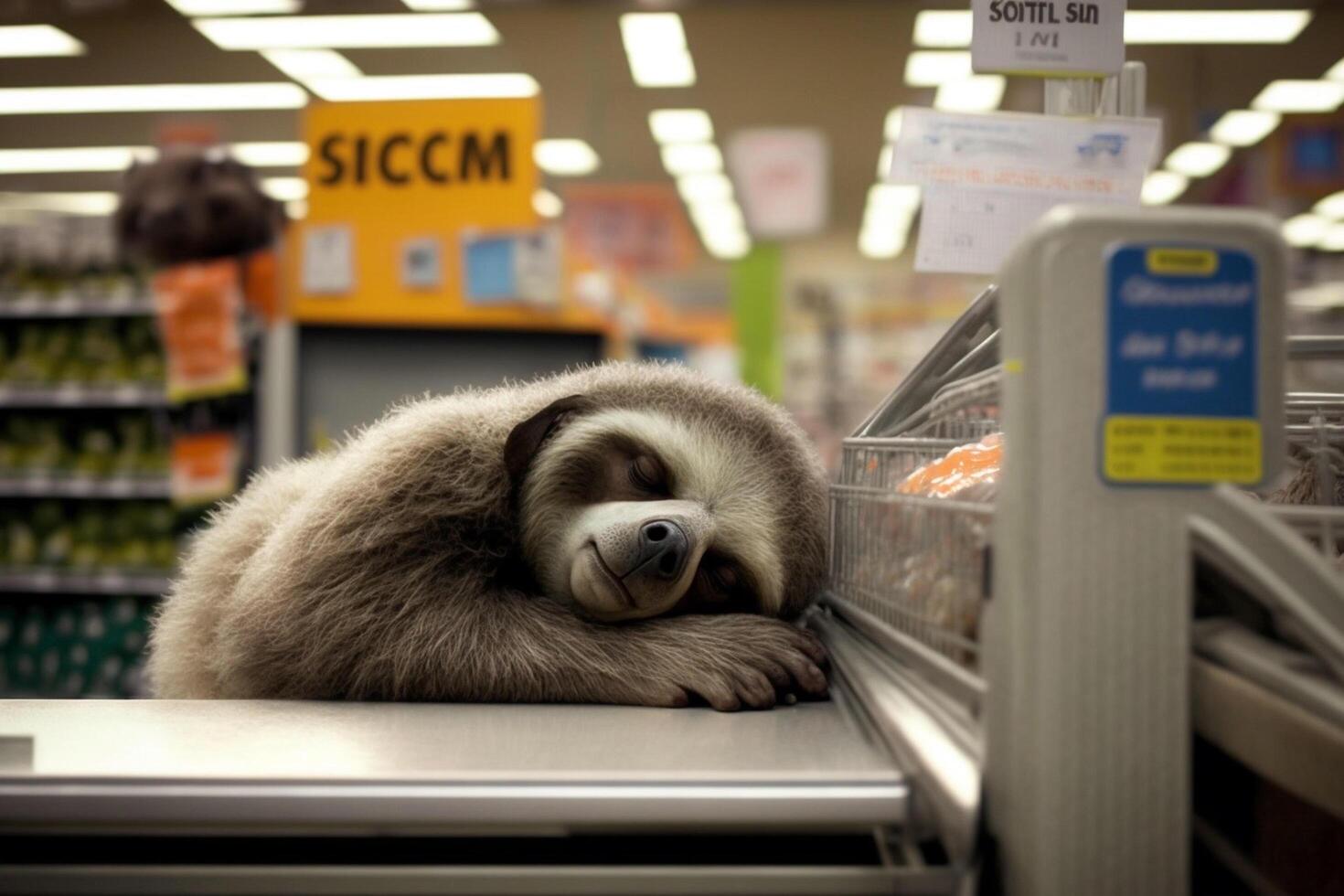 uitgeput luiaard werken in de supermarkt net zo een Kassa en viel in slaap ai gegenereerd foto