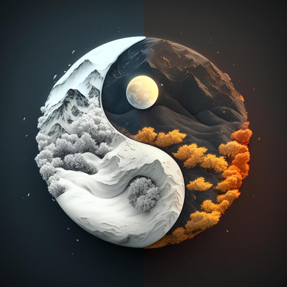 illustratie van yin yang symbool met seizoenen gegenereerd inhoud ai gegenereerd foto
