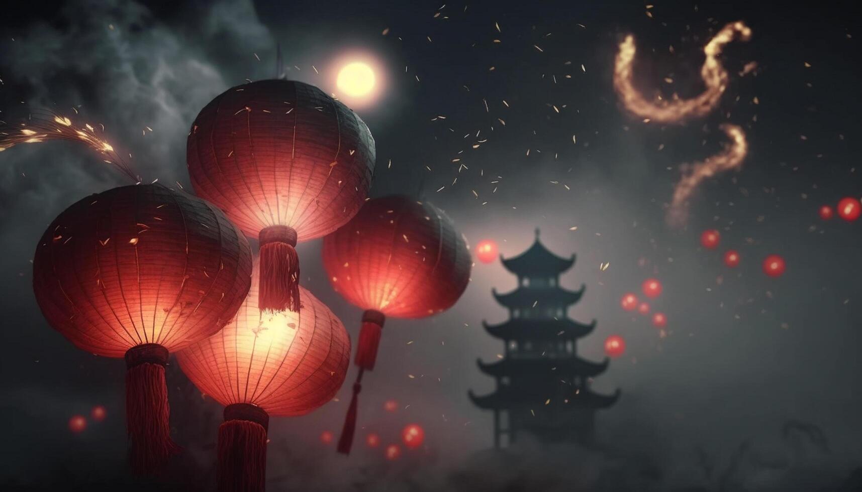 betoverend Chinese nieuw jaar viering met rood lantaarns verhelderend de nacht ai gegenereerd foto