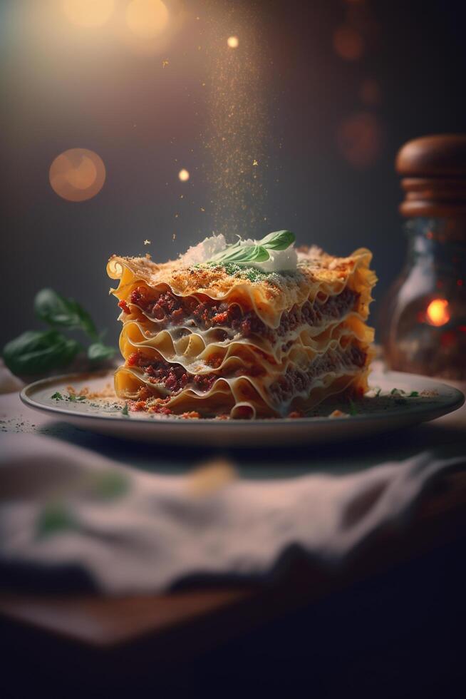 heerlijk Italiaans specialiteit lasagne met vers basilicum en kaas ai gegenereerd foto