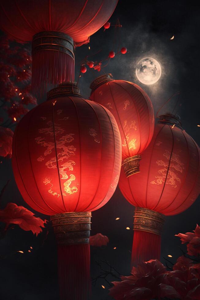 betoverend Chinese nieuw jaar viering met rood lantaarns verhelderend de nacht ai gegenereerd foto