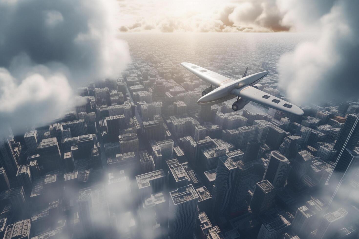 vliegend hoog vliegtuig stijgend over- een bruisend metropolis ai gegenereerd foto