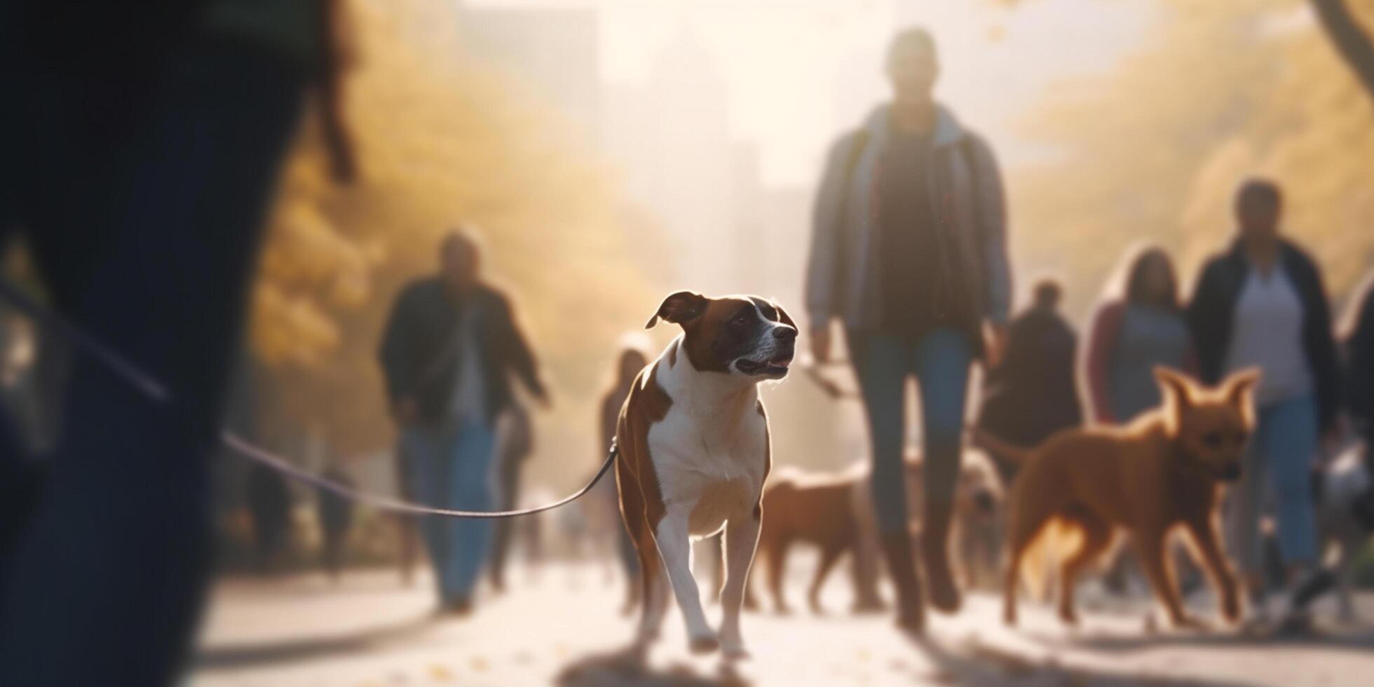 een zonnig dag wandeling in de park met man's het beste vriend ai gegenereerd foto