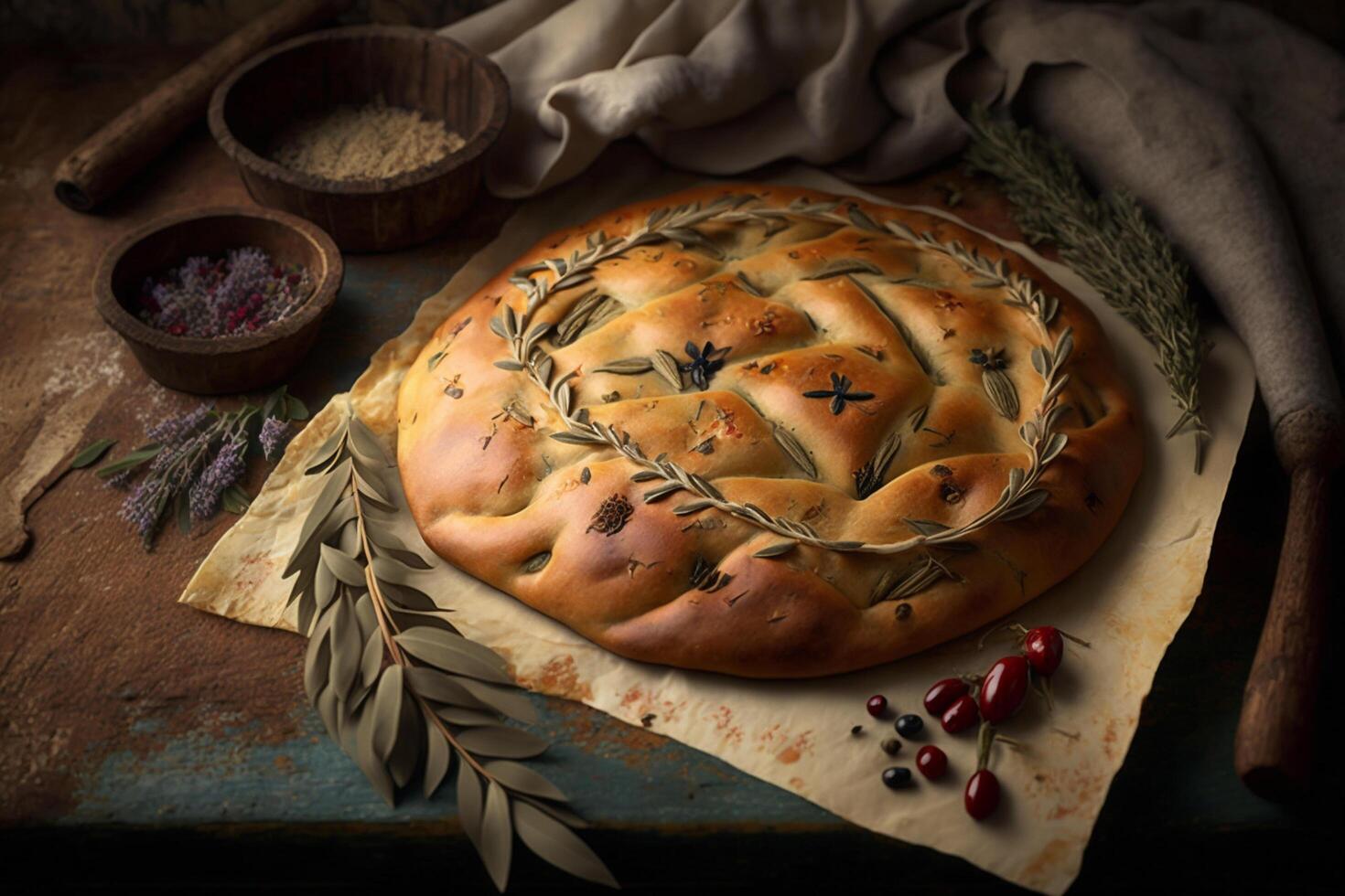 een plak van provence aromatisch fougasse brood met olijf- olie en kruiden ai gegenereerd foto