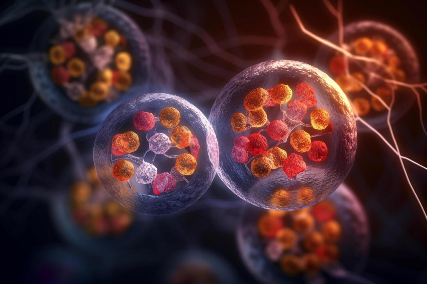 kleurrijk 3d illustratie van microscopisch cel divisie ai gegenereerd foto