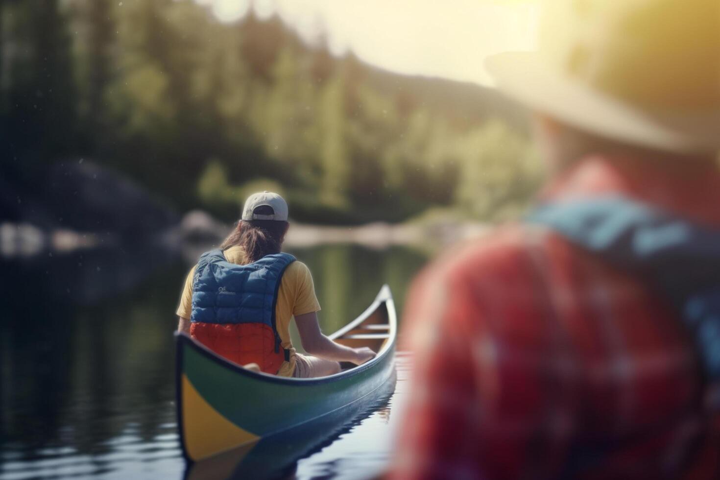 verkennen de buitenshuis groep wandelen en camping door de rivier- met rugzakken ai gegenereerd foto