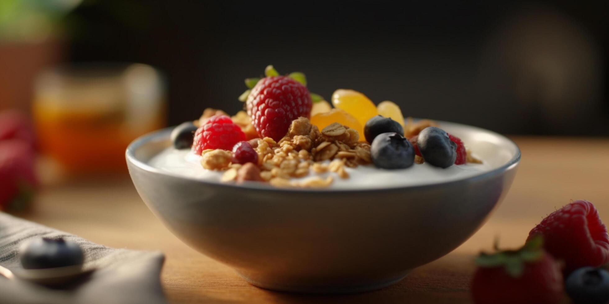 BES yoghurt parfait met knapperig muesli en vers bessen ai gegenereerd foto