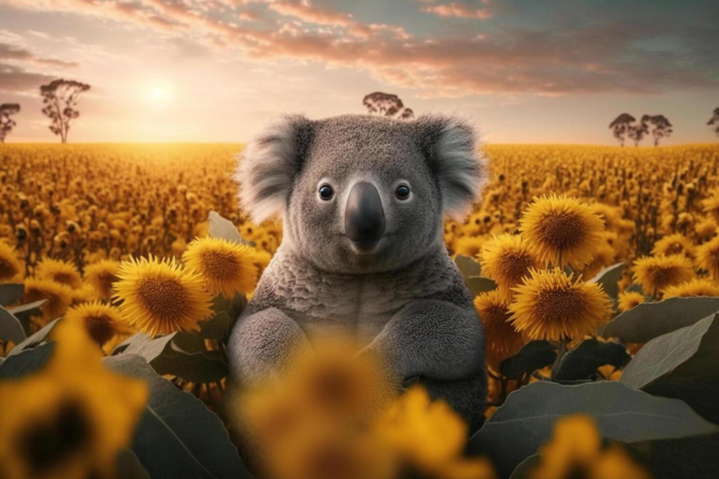 koala zittend in een veld- vol van zonnebloemen in laat zomer ai gegenereerd inhoud foto