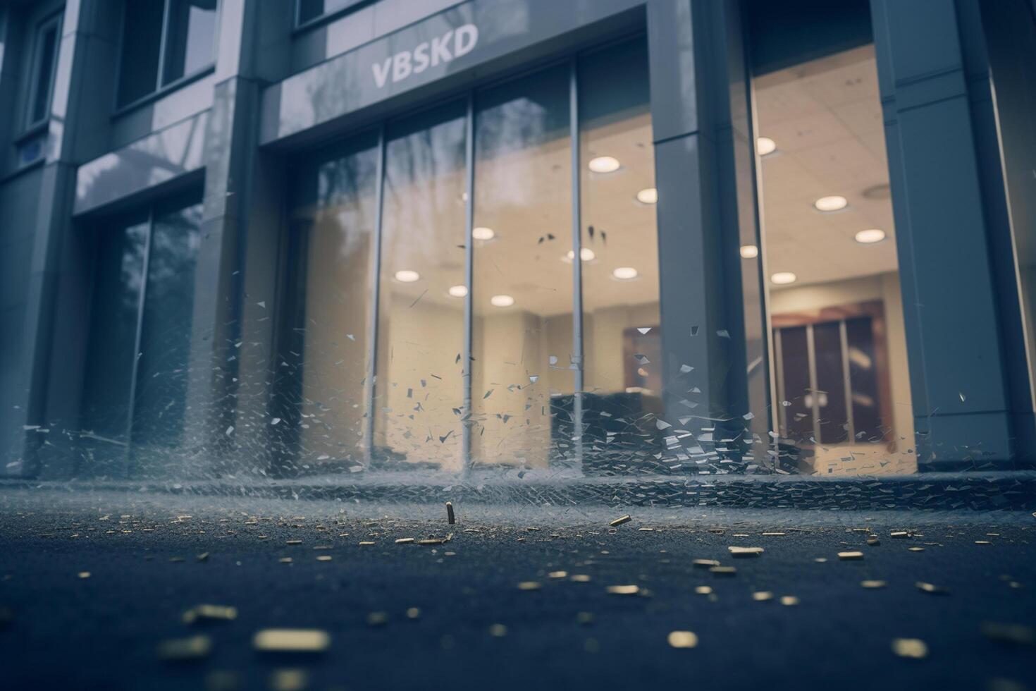 troosteloos nasleep van een bank rennen verbrijzeld glas en puin Aan de leeg straat ai gegenereerd foto