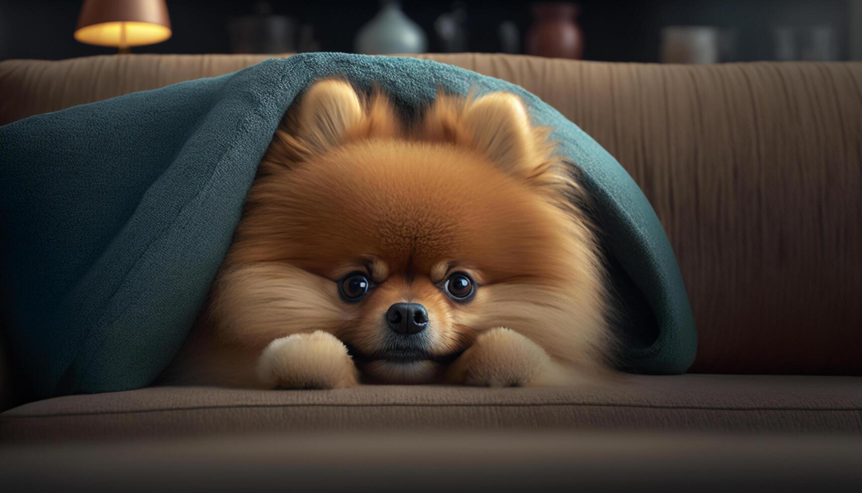 knus pommeren pup nemen een ontspannende bankstel dutje ai gegenereerd foto