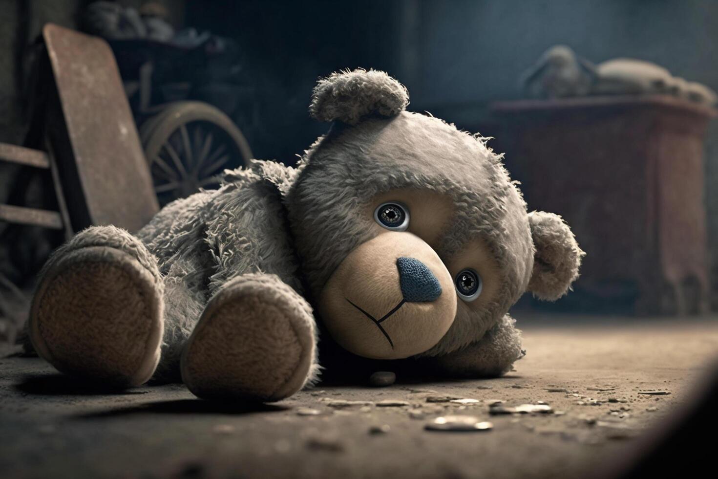 verdrietig eenzaam teddy beer aan het liegen Aan de verdieping symbool van misbruik slachtoffers ai gegenereerd foto