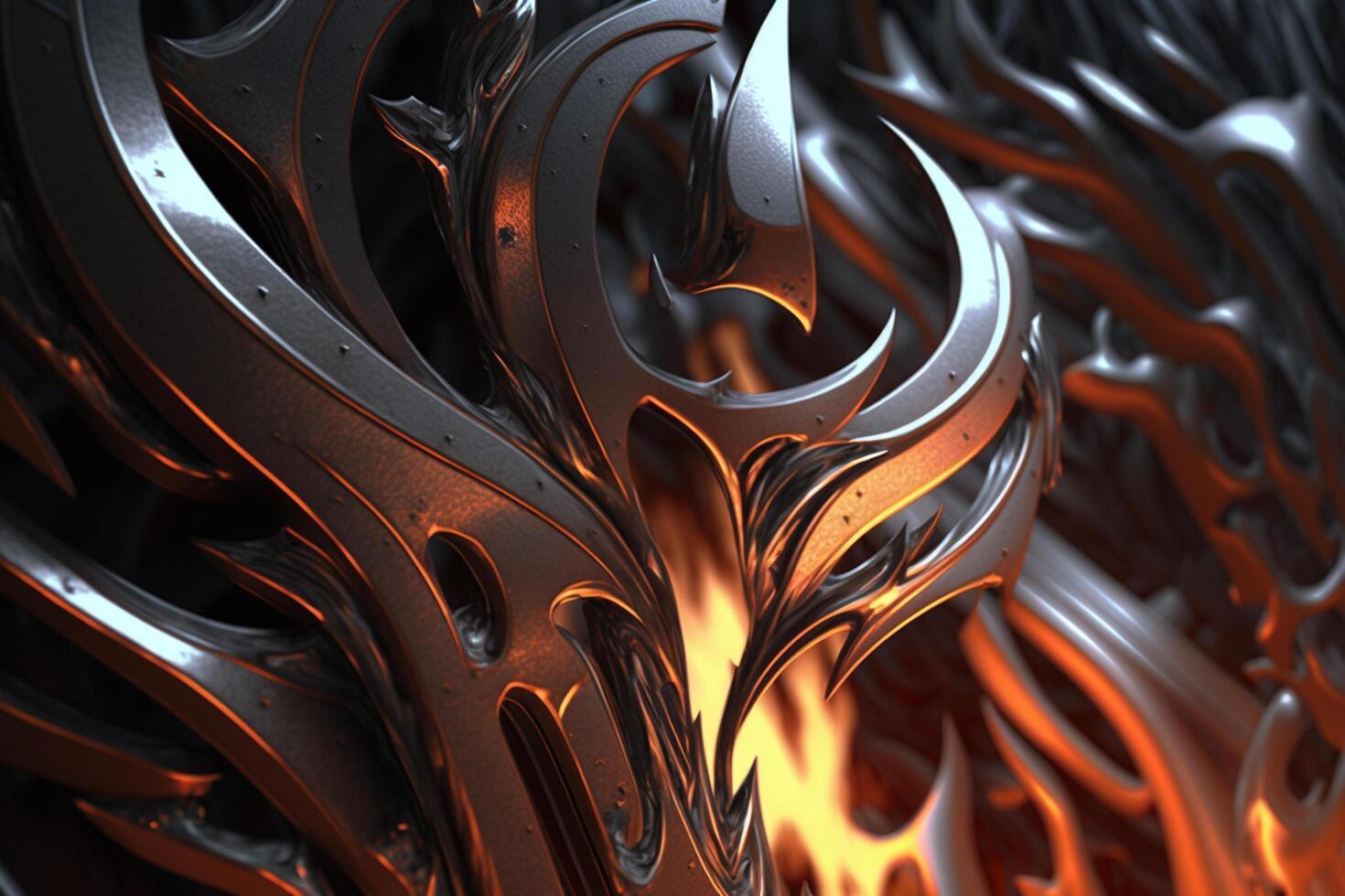 abstract 3d illustratie van metalen voorwerpen in vlammen met reflectie ai gegenereerd foto