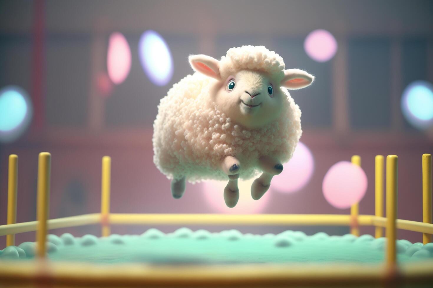 jumping voor vreugde schattig weinig schapen stuiteren Aan een trampoline ai gegenereerd foto