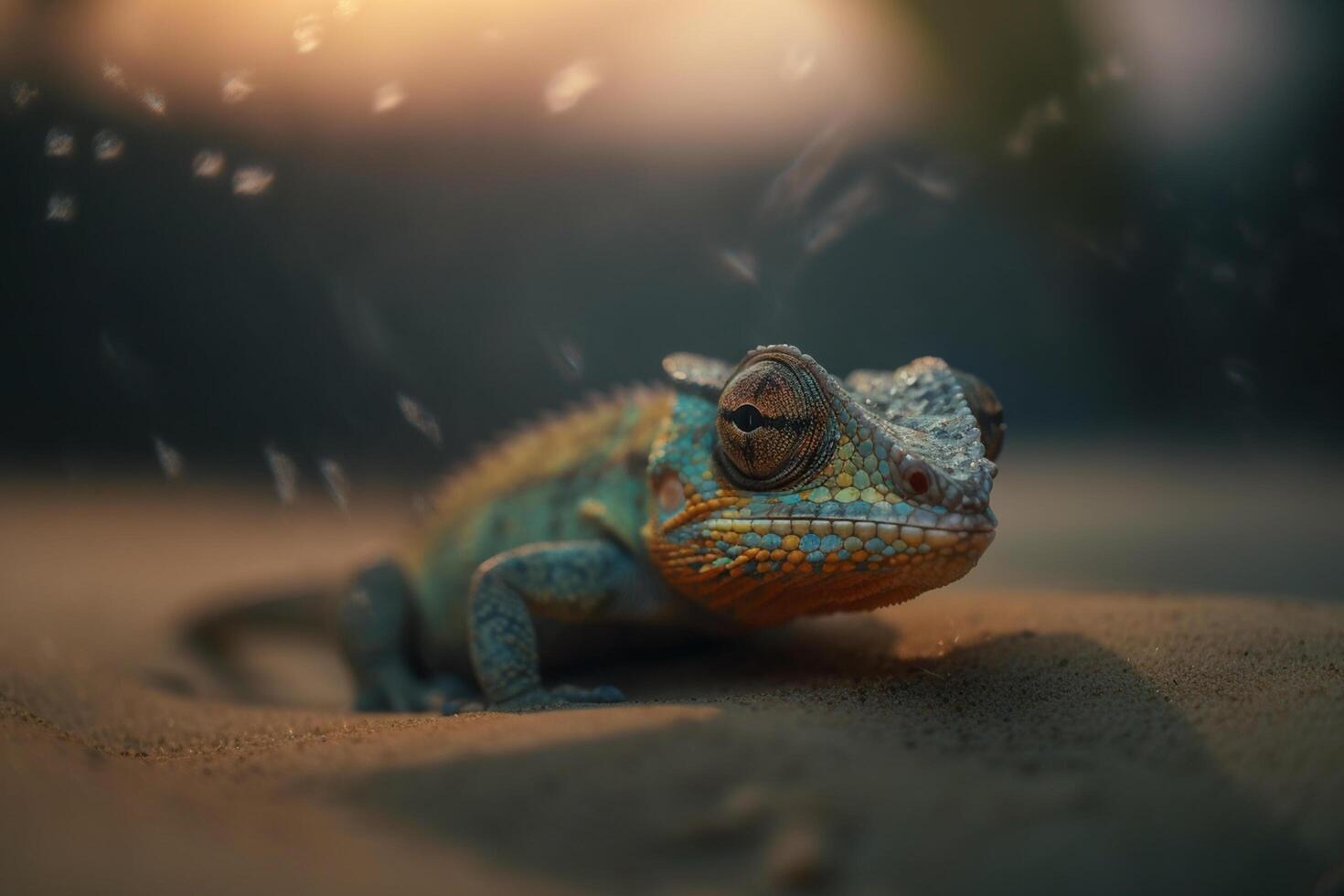 een gecamoufleerd kameleon rust Aan zanderig grond ai gegenereerd foto