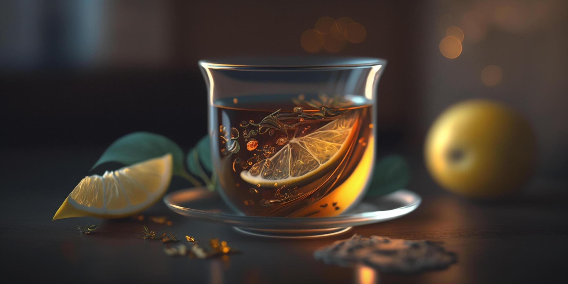 thee met citroen en bokeh in transparant glas ai gegenereerd foto