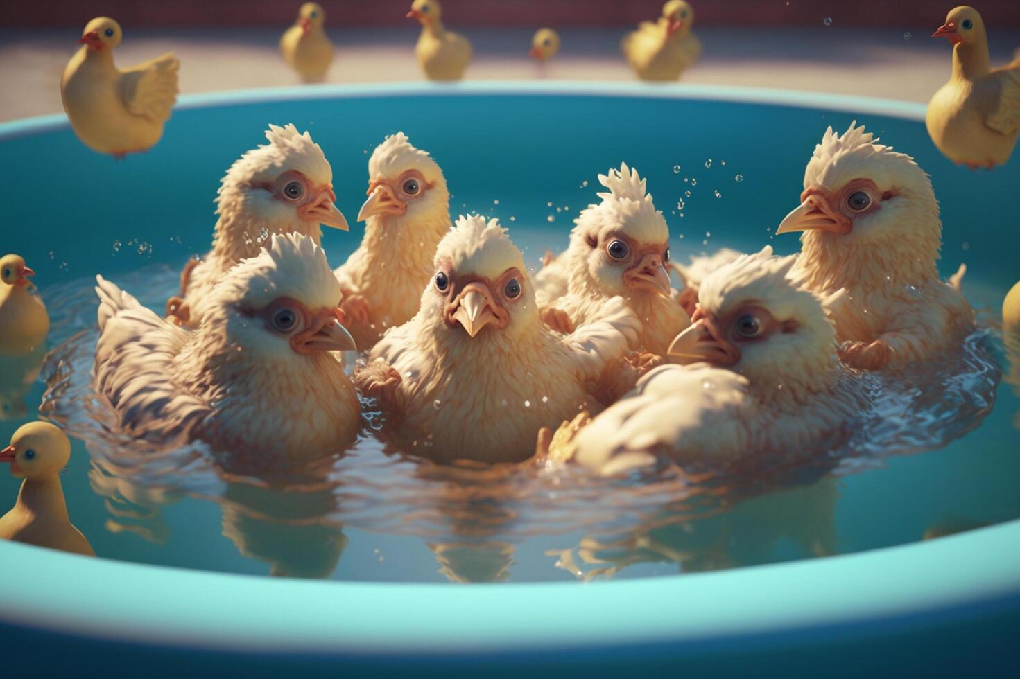 dwaas kippen spatten in de omgeving van in een zwembad van water ai gegenereerd foto