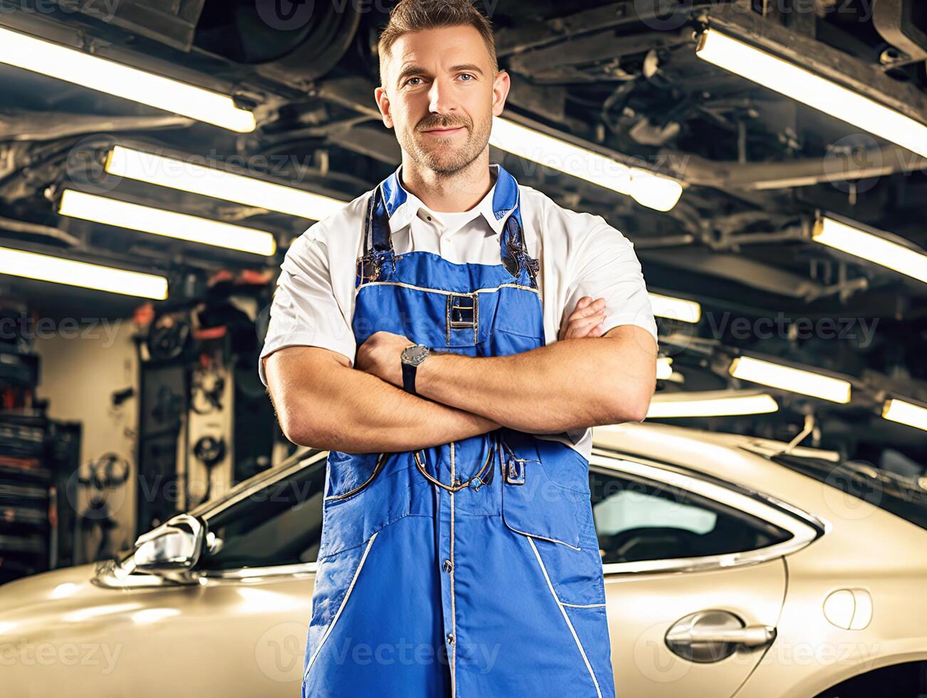 portret van een mannetje monteur werken in auto reparatie winkel. generatief ai. foto