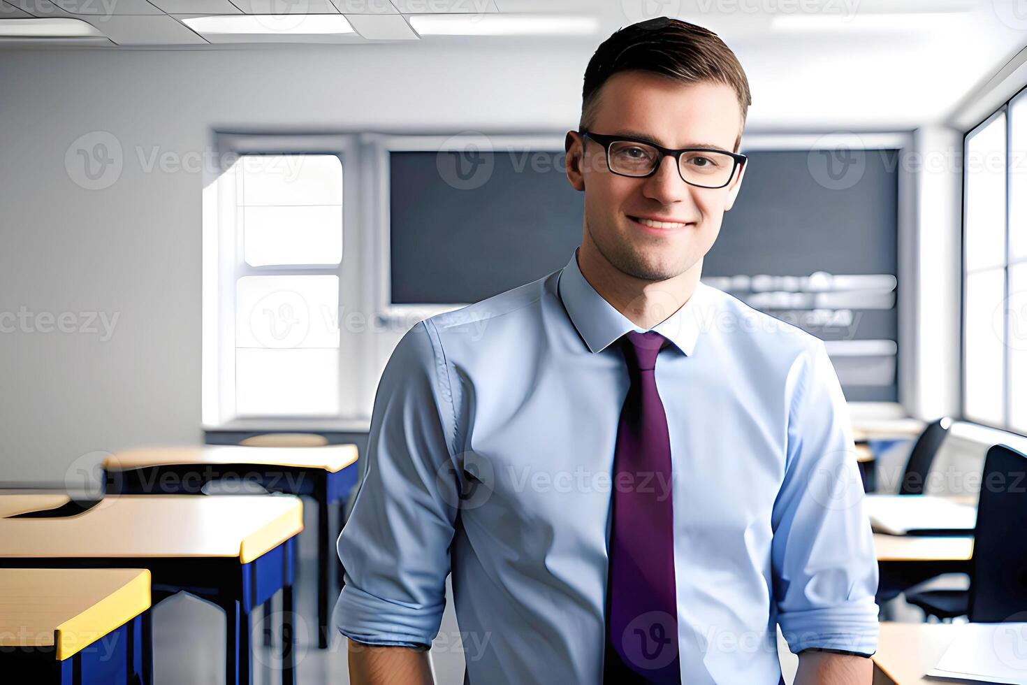 portret van een leraar glimlachen Bij klas. generatief ai. foto