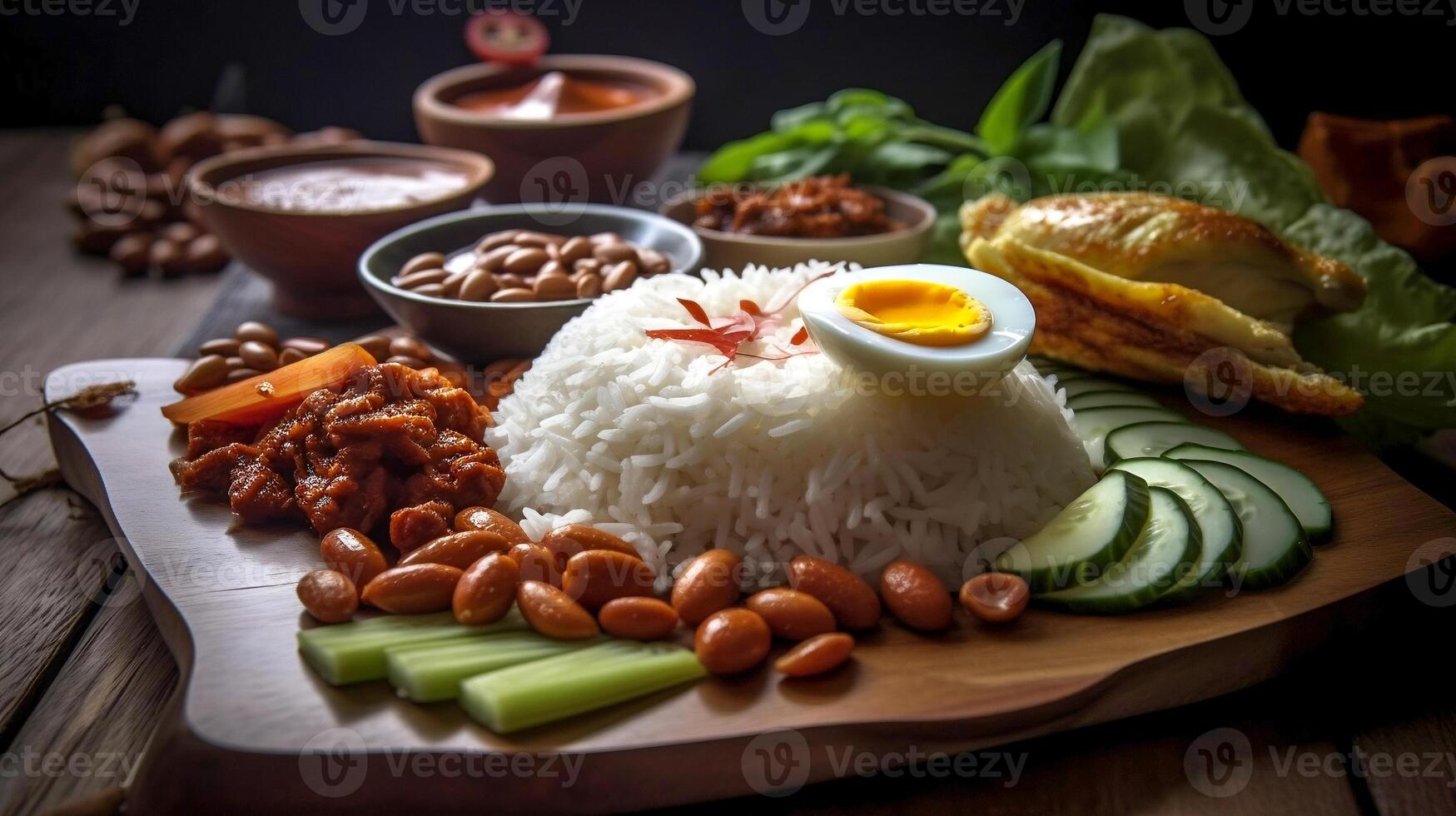 Aziatisch voedsel - een traditioneel nasi Lemak schotel geserveerd Aan een houten bord. ai generatief foto