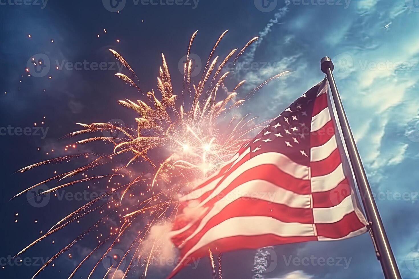 patriottisch geest van de Verenigde staat, een Amerikaans vlag ontrold tegen achtergrond van vuurwerk vieren onafhankelijkheid dag. generatief ai technologie. foto