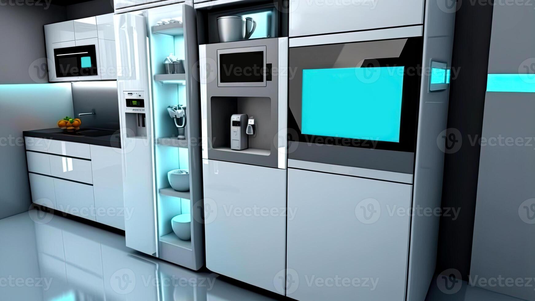 keuken met slim huishoudelijke apparaten met Scherm scherm en een slim oven met spraakgestuurd instellingen, concept van slim huis en kunstmatig intelligentie, gemaakt met generatief ai technologie foto