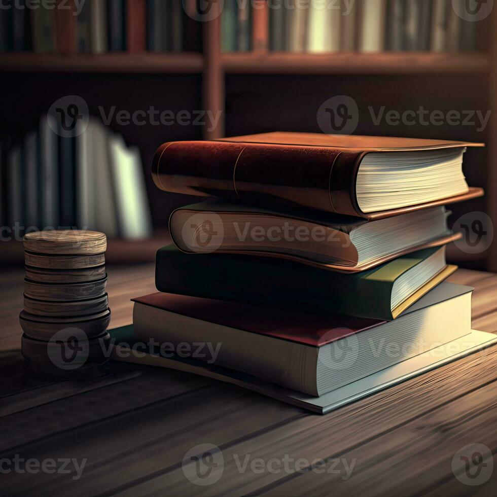 3d geven van boeken met munten Aan houten tafel tegen vervagen rek in donker achtergrond. foto