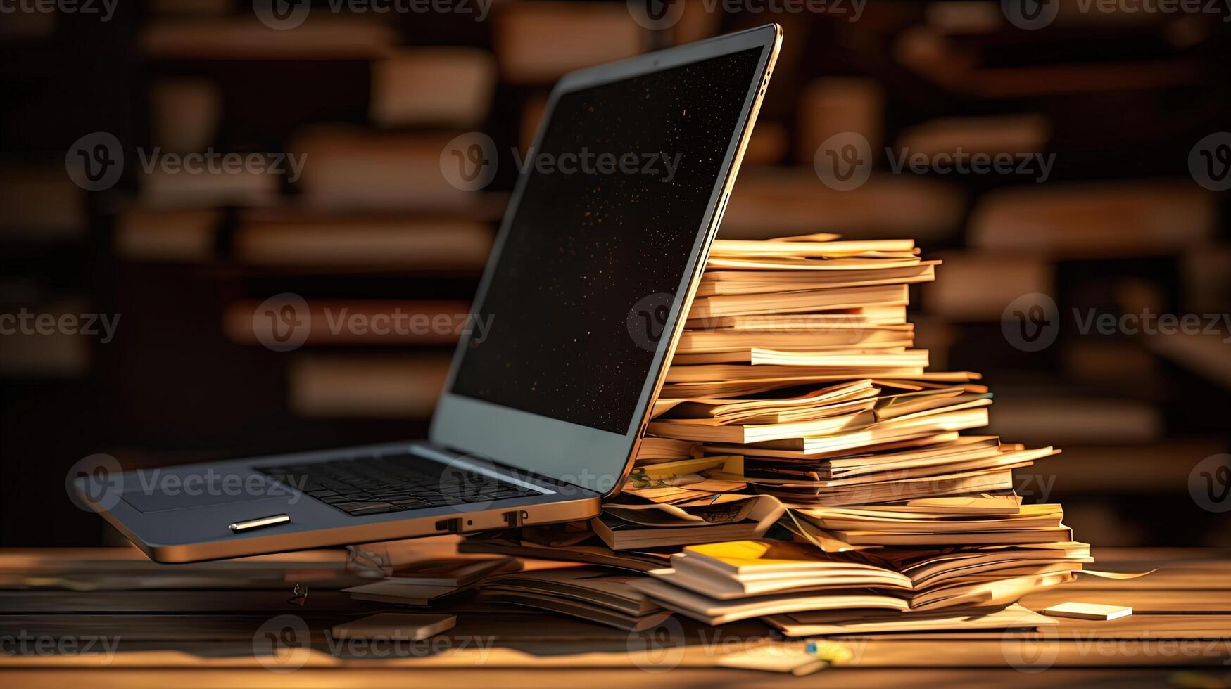 vastleggen foto van notitieboekje computer of laptop en stack van boeken Bij bureau in bibliotheek of studie kamer. generatief ai technologie.