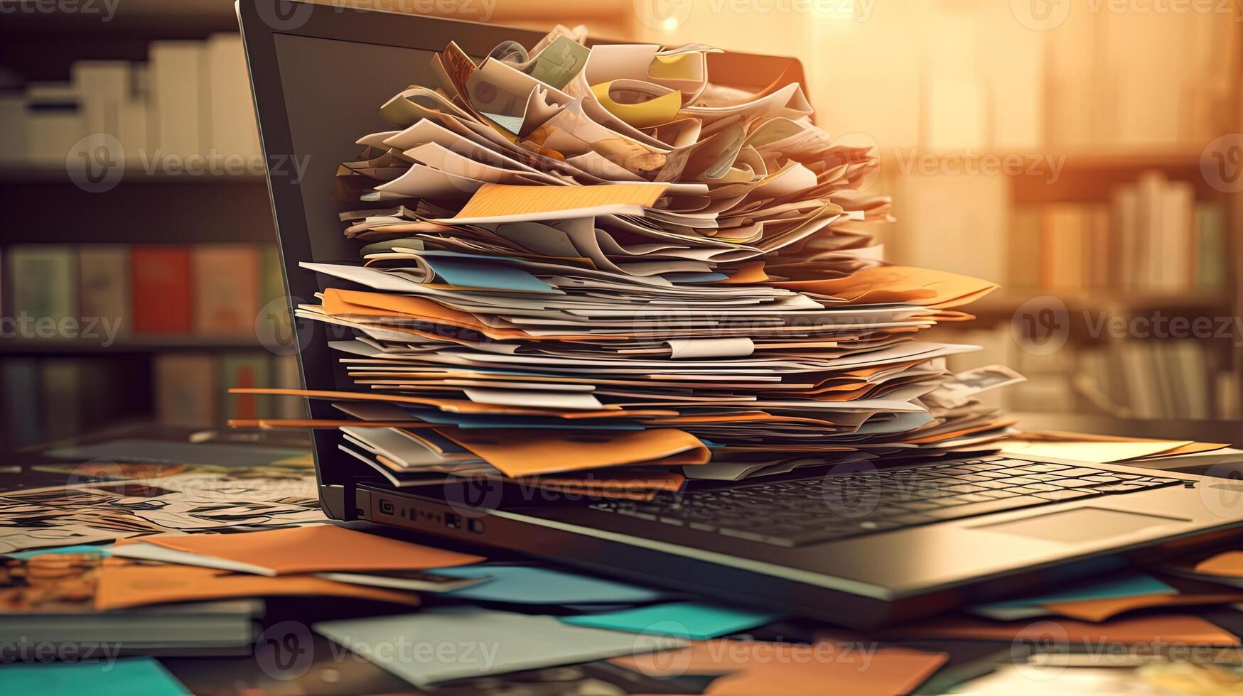 stapel van papierwerk of onvoltooid documenten stack Aan laptop toetsenbord Bij bureau in bibliotheek of studie kamer. generatief ai technologie. foto
