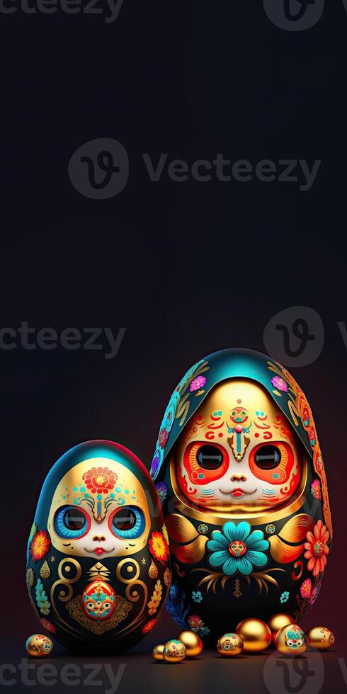 3d geven van schattig baby gezicht tekenfilm ei of matryoshka pop tegen bruin achtergrond en kopiëren ruimte. Pasen dag concept. foto