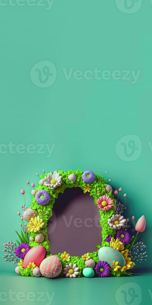 3d geven van kleurrijk bloemen en eieren versierd ovaal boog tegen groen achtergrond en kopiëren ruimte. foto