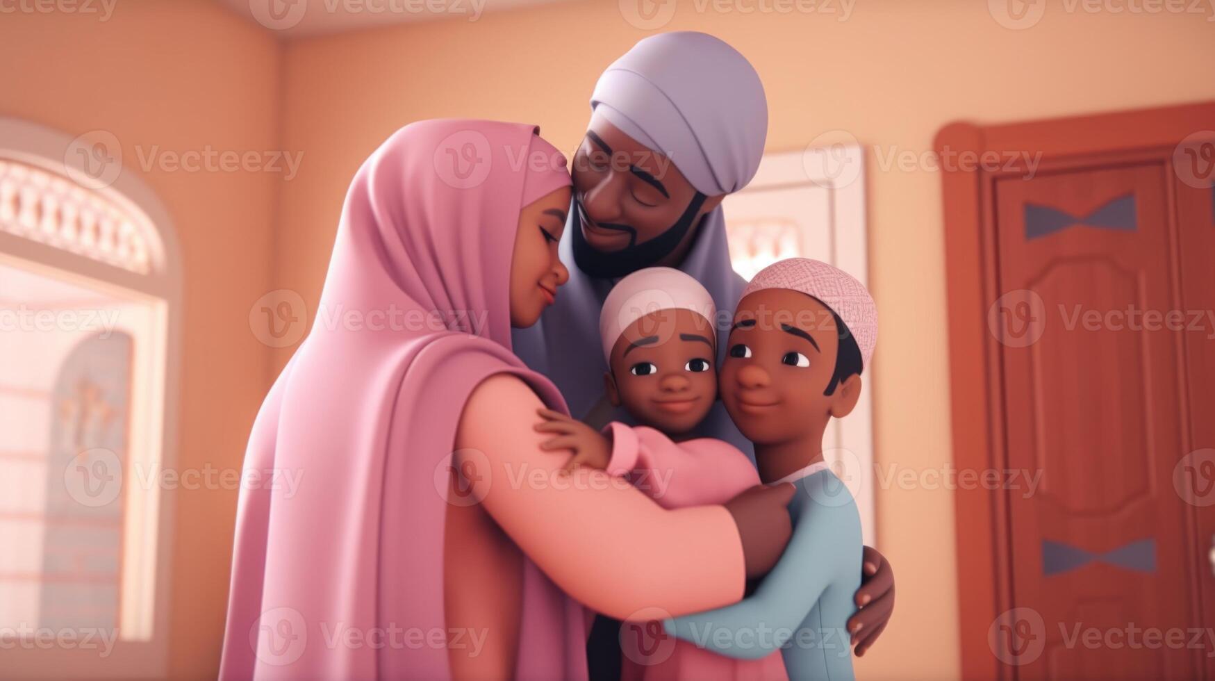 Disney stijl, aanbiddelijk Afrikaanse moslim familie karakter knuffelen en wensen elk ander. eid mubarak concept, generatief ai. foto